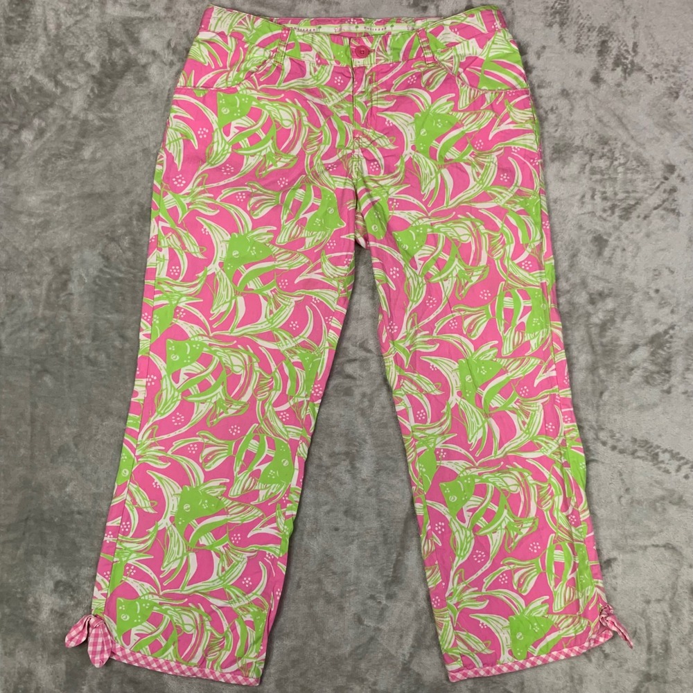 Lilly Pulitzer Girls Tropical Fish Pants Pink Green Bow Hem Sz 16 Resort Coastal